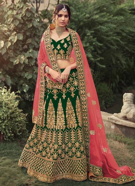 Dark Green Exclusive Bridal Wedding Wear Satin Heavy Embroidery With Stone Work Lehenga Choli Collection 4517